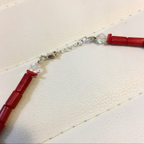 Red Coral & Crystal Chunky 19” Sterling Silver Necklace - Picture 3 of 7